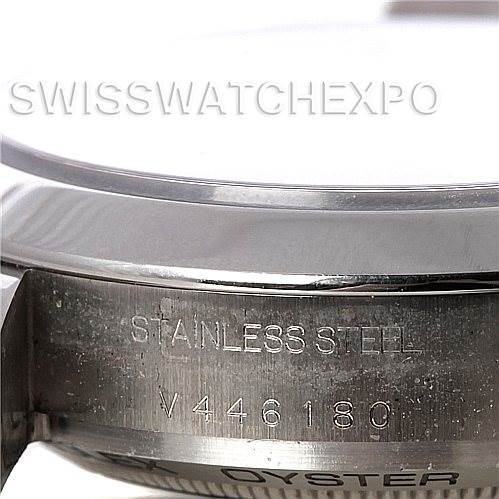 This image shows a close-up of the side of the stainless steel case and serial number on a Rolex Milgauss 116400BKSO Men's Stainless Steel Black Dial 116400BKSO Men's Stainless Steel Black Dial watch.