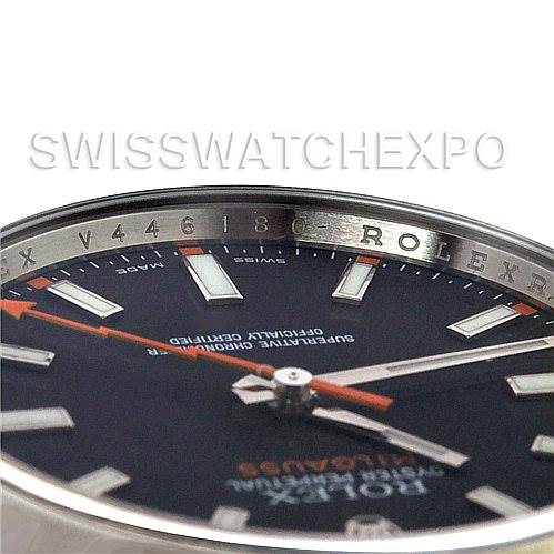 The image shows a close-up, angled view of the dial and bezel of a Rolex Milgauss 116400BKSO Men's Stainless Steel Black Dial 116400BKSO Men's Stainless Steel Black Dial watch.