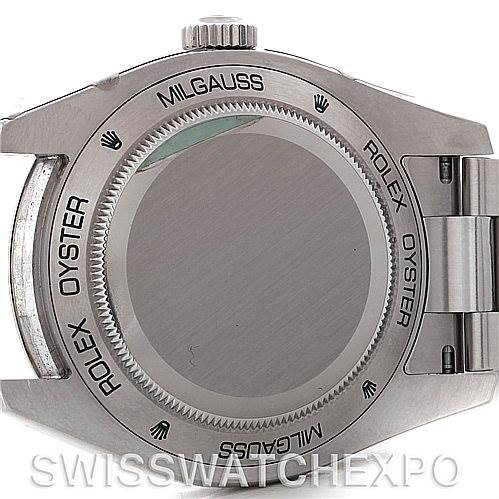 The image shows the case back and bracelet of a Rolex Milgauss 116400BKSO Men's Stainless Steel Black Dial 116400BKSO Men's Stainless Steel Black Dial, displaying the engraved detailing and crown.