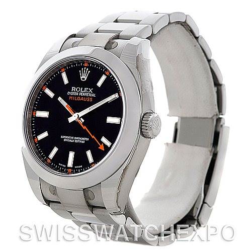 The image shows a side and front perspective of a Rolex Milgauss 116400BKSO Men's Stainless Steel Black Dial 116400BKSO Men's Stainless Steel Black Dial watch, highlighting its stainless steel case, bracelet, and black dial.