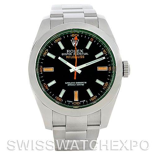 The image shows a frontal view of a Rolex Milgauss 116400V Men's Stainless Steel Black Dial 116400V Men's Stainless Steel Black Dial watch, highlighting its black dial, green sapphire crystal, and stainless steel bracelet.