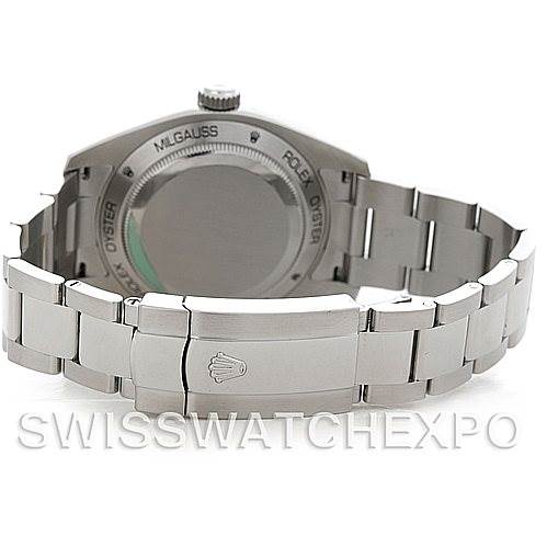 The image shows the back view of a Rolex Milgauss 116400V Men's Stainless Steel Black Dial 116400V Men's Stainless Steel Black Dial watch, focusing on the case back and part of the bracelet.