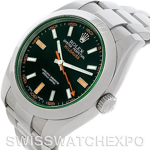 The image shows a Rolex Milgauss 116400V Men's Stainless Steel Black Dial 116400V Men's Stainless Steel Black Dial watch at an angle highlighting its dial, crown, case, and part of the bracelet.
