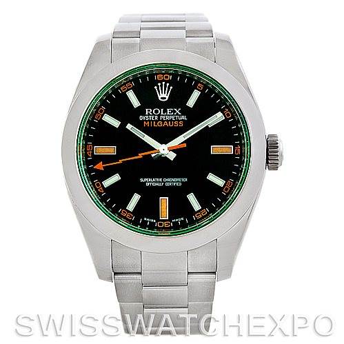 The image shows a front view of a Rolex Milgauss 116400V Men's Stainless Steel Black Dial 116400V Men's Stainless Steel Black Dial watch, displaying its dial, bezel, hands, and bracelet.