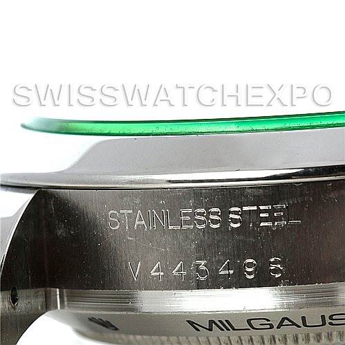 The image shows a close-up side view of the stainless steel case and part of the bezel of a Rolex Milgauss 116400V Men's Stainless Steel Black Dial 116400V Men's Stainless Steel Black Dial watch.