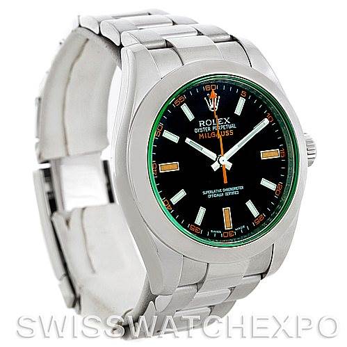 The image shows a Rolex Milgauss 116400V Men's Stainless Steel Black Dial 116400V Men's Stainless Steel Black Dial watch from a front angle, displaying its face, bezel, and part of the bracelet.