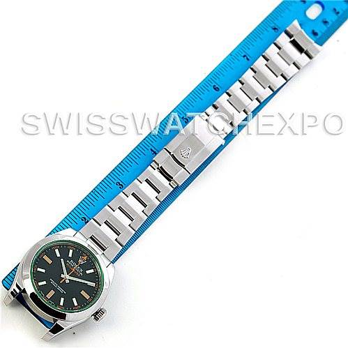 The image shows a horizontal view of a Rolex Milgauss 116400V Men's Stainless Steel Black Dial 116400V Men's Stainless Steel Black Dial watch with its bracelet aligned next to a ruler.