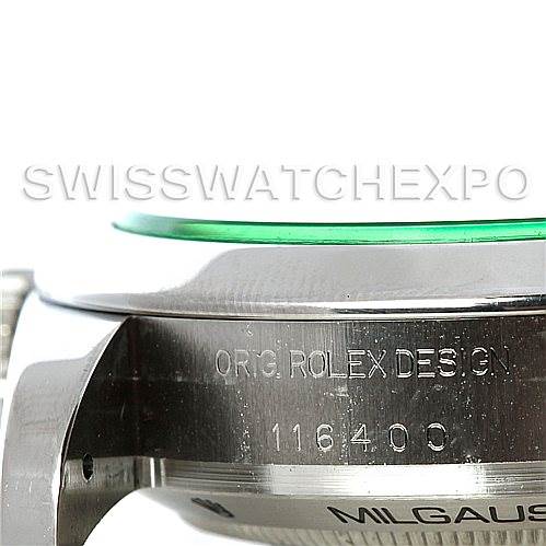 This close-up image of the Rolex Milgauss 116400V Men's Stainless Steel Black Dial 116400V Men's Stainless Steel Black Dial watch shows the side profile, focusing on the engravings and case details.