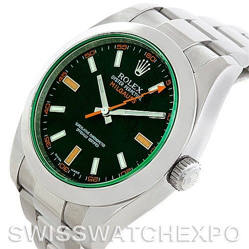 The image shows a Rolex Milgauss 116400V Men's Stainless Steel Black Dial 116400V Men's Stainless Steel Black Dial watch from an angled top view, highlighting the face, bezel, and part of the bracelet.