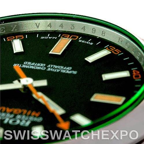 Close-up angle of the Rolex Milgauss 116400V Men's Stainless Steel Black Dial 116400V Men's Stainless Steel Black Dial watch face showing hour markers, hands, and part of the chapter ring.