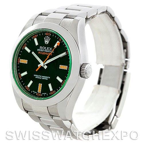 This image shows a Rolex Milgauss 116400V Men's Stainless Steel Black Dial 116400V Men's Stainless Steel Black Dial watch from a three-quarter angle, displaying the face, crown, and a part of the bracelet.