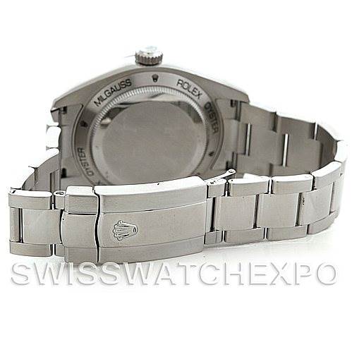This image shows the back case and part of the bracelet of the Rolex Milgauss 116400V Men's Stainless Steel Black Dial 116400V Men's Stainless Steel Black Dial watch, highlighting its clasp and engraved details.