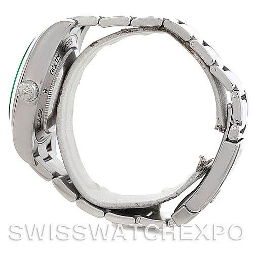 The image shows a side view of the Rolex Milgauss 116400V Men's Stainless Steel Black Dial 116400V Men's Stainless Steel Black Dial watch, highlighting the case, bracelet, crown, and clasp.