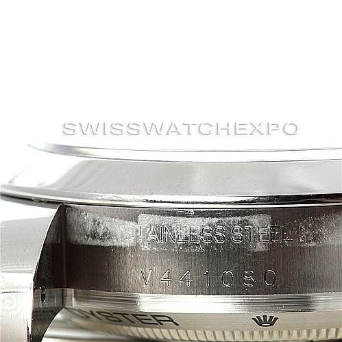 This close-up image of the Rolex Milgauss 116400 Men's Stainless Steel Black Dial 116400 Men's Stainless Steel Black Dial watch shows a side angle highlighting the stainless steel case and part of the bezel.