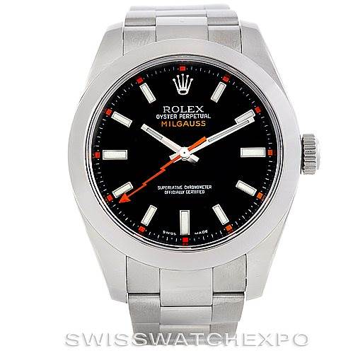 The image shows a front view of the Rolex Milgauss 116400 Men's Stainless Steel Black Dial 116400 Men's Stainless Steel Black Dial watch, displaying its black dial, hands, hour markers, crown, and bracelet.