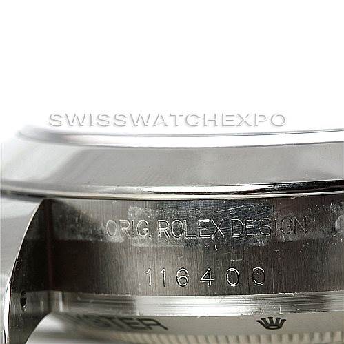 This image shows a close-up side view of a Rolex Milgauss 116400 Men's Stainless Steel Black Dial 116400 Men's Stainless Steel Black Dial watch, highlighting the model number "116400" and "Orig. Rolex Design" engraving.