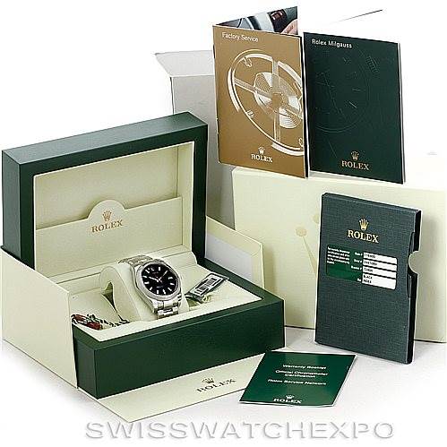 This image shows a Rolex Milgauss 116400 Men's Stainless Steel Black Dial 116400 Men's Stainless Steel Black Dial watch, its box, manuals, warranty card, and additional accessories, all from various angles.