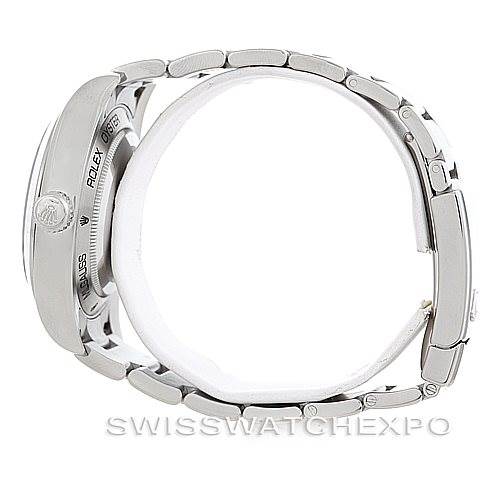 This image shows the side view of a Rolex Milgauss 116400 Men's Stainless Steel Black Dial 116400 Men's Stainless Steel Black Dial model, highlighting the case and bracelet links.