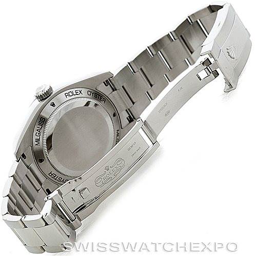 The image shows the back case and bracelet of the Rolex Milgauss 116400 Men's Stainless Steel Black Dial 116400 Men's Stainless Steel Black Dial watch from an angled rear view.