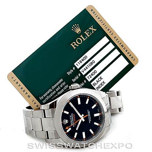 The image shows a Rolex Milgauss 116400 Men's Stainless Steel Black Dial 116400 Men's Stainless Steel Black Dial watch with a black dial and stainless steel bracelet, displayed alongside its certification card.