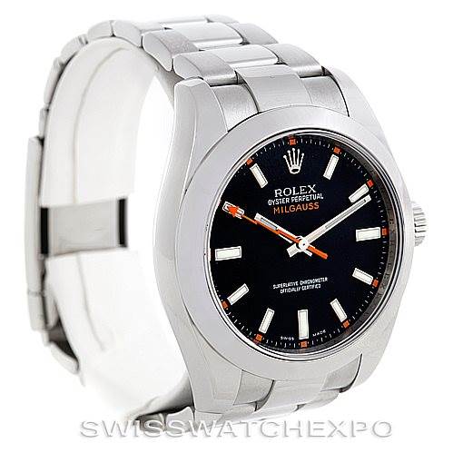 The Rolex Milgauss 116400 Men's Stainless Steel Black Dial 116400 Men's Stainless Steel Black Dial watch is shown at a three-quarter angle, highlighting the face, bezel, and bracelet.