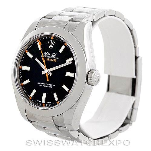 This image shows a front three-quarter view of a Rolex Milgauss 116400 Men's Stainless Steel Black Dial 116400 Men's Stainless Steel Black Dial watch, highlighting its face, bezel, crown, and bracelet.