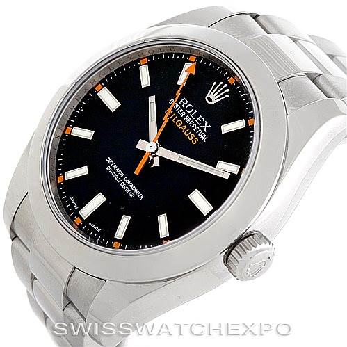 The image shows the Rolex Milgauss 116400 Men's Stainless Steel Black Dial 116400 Men's Stainless Steel Black Dial watch from a front angle displaying its black dial, markers, hands, and a portion of the bracelet.