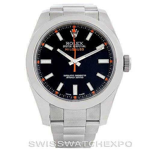The image shows a frontal view of a Rolex Milgauss 116400 Men's Stainless Steel Black Dial 116400 Men's Stainless Steel Black Dial watch, displaying the watch face, bezel, crown, and bracelet.