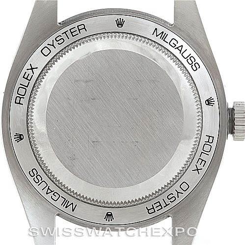 This image shows the back case and side crown of a Rolex Milgauss 116400 Men's Stainless Steel Black Dial 116400 Men's Stainless Steel Black Dial watch, displaying the brand and model’s engravings.