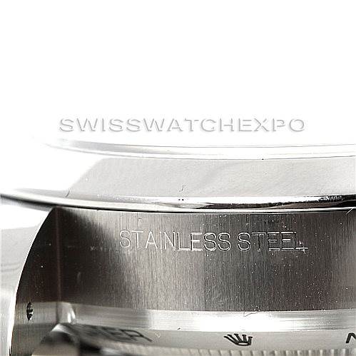 This image shows a close-up side view of the stainless steel case of a Rolex Milgauss 116400 Men's Stainless Steel Black Dial 116400 Men's Stainless Steel Black Dial watch.