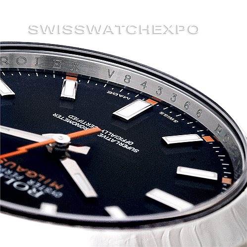 This image displays a close-up of the dial, indices, and part of the rehaut with engravings of a Rolex Milgauss 116400 Men's Stainless Steel Black Dial 116400 Men's Stainless Steel Black Dial watch.