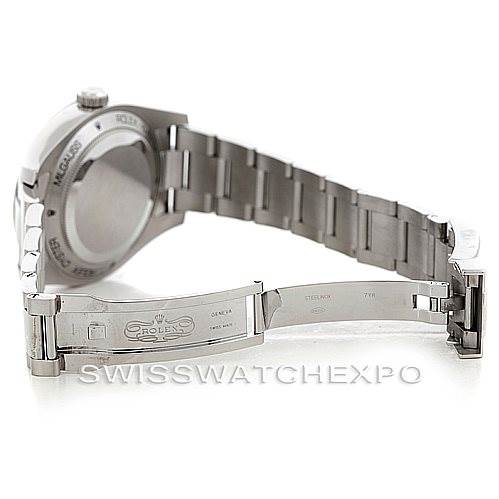 The image shows the open clasp and bracelet of a Rolex Milgauss 116400 Men's Stainless Steel Black Dial 116400 Men's Stainless Steel Black Dial watch, viewed from the back.