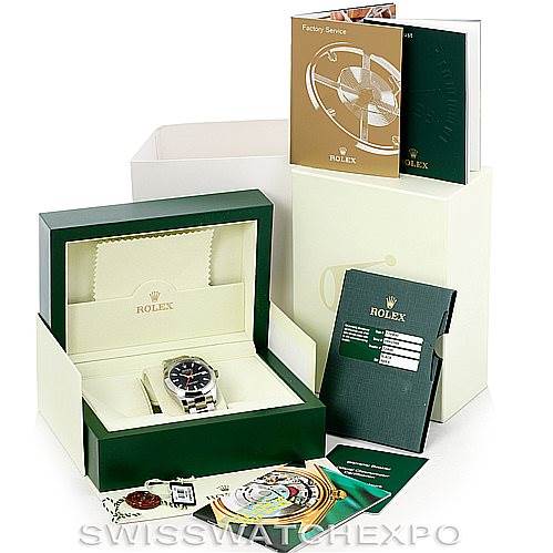 The image shows a Rolex Milgauss 116400 Men's Stainless Steel Black Dial 116400 Men's Stainless Steel Black Dial watch in its box, accompanied by manuals, tags, and warranty card.