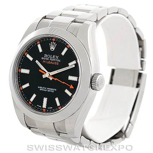 The image shows a side and front angle of the Rolex Milgauss 116400 Men's Stainless Steel Black Dial 116400 Men's Stainless Steel Black Dial watch, displaying its dial, bezel, crown, and bracelet.