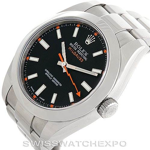 This image shows a Rolex Milgauss 116400 Men's Stainless Steel Black Dial 116400 Men's Stainless Steel Black Dial watch at an angle, highlighting its face, crown, and part of the bracelet.