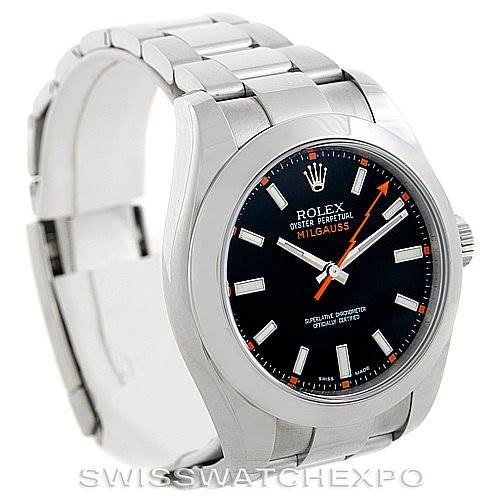 This image shows a side-front angle of a Rolex Milgauss 116400 Men's Stainless Steel Black Dial 116400 Men's Stainless Steel Black Dial watch, highlighting the face, bezel, case, and part of the bracelet.