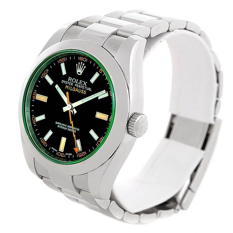 The image shows a Rolex Milgauss 116400V Men's Stainless Steel Black Dial 116400V Men's Stainless Steel Black Dial watch at an angled front view, highlighting the face, crown, and stainless steel bracelet.