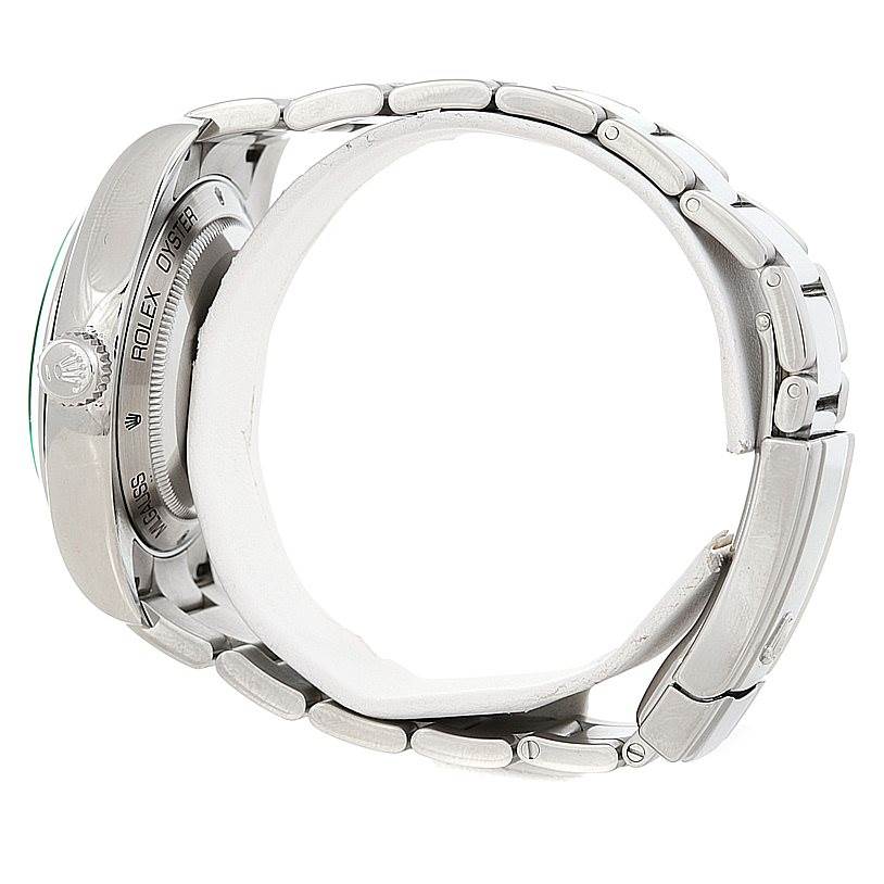 The image shows the side and back view of the Rolex Milgauss 116400V Men's Stainless Steel Black Dial 116400V Men's Stainless Steel Black Dial watch, including the case, crown, and bracelet.