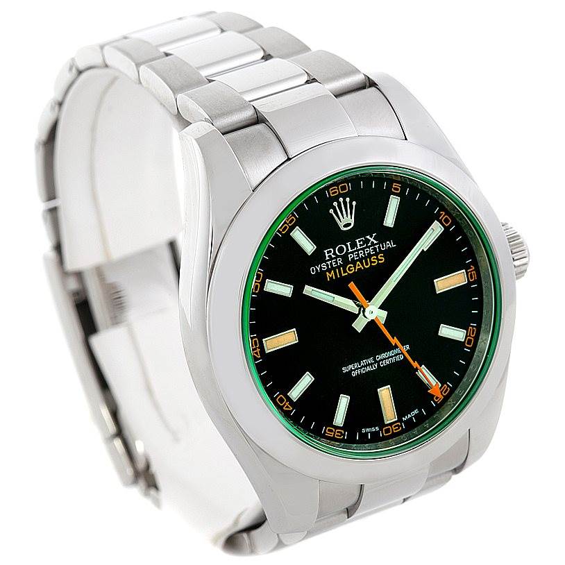 The image shows a close-up angle of the Rolex Milgauss 116400V Men's Stainless Steel Black Dial 116400V Men's Stainless Steel Black Dial watch, displaying the face, bezel, and part of the bracelet.