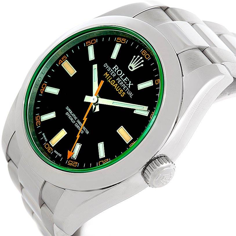 The image shows a side angle view of the Rolex Milgauss 116400V Men's Stainless Steel Black Dial 116400V Men's Stainless Steel Black Dial watch, highlighting the dial, bezel, crown, and part of the bracelet.