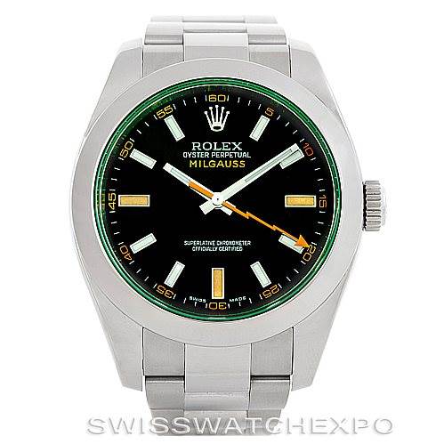 The image shows a front view of a Rolex Milgauss 116400V Men's Stainless Steel Black Dial 116400V Men's Stainless Steel Black Dial watch, displaying the face, bezel, and bracelet.