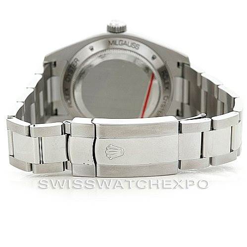 The image shows the back of a Rolex Milgauss 116400V Men's Stainless Steel Black Dial 116400V Men's Stainless Steel Black Dial watch, specifically the bracelet clasp, case back, and part of the band.