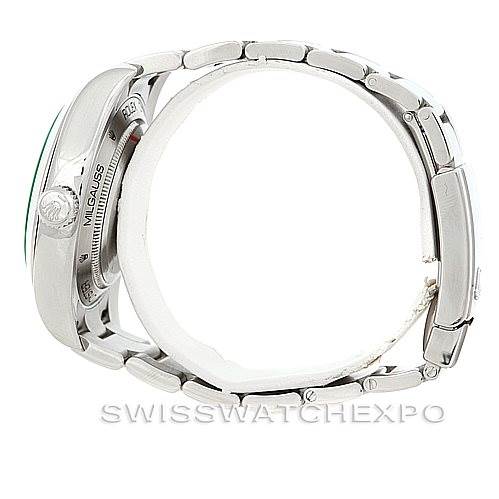 This image shows a side profile of the Rolex Milgauss 116400V Men's Stainless Steel Black Dial 116400V Men's Stainless Steel Black Dial watch, highlighting its case, bracelet, and part of its crown.