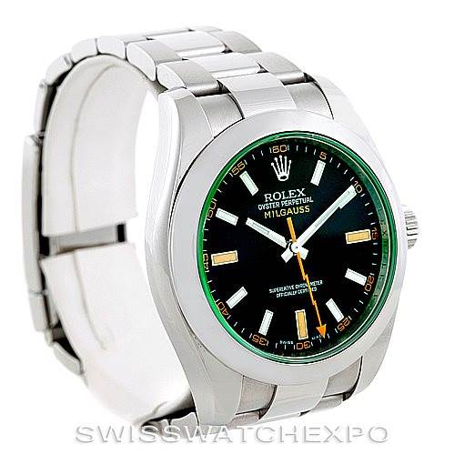 This image of the Rolex Milgauss 116400V Men's Stainless Steel Black Dial 116400V Men's Stainless Steel Black Dial shows the watch from a front angle, highlighting the dial, case, bracelet, and clasp.