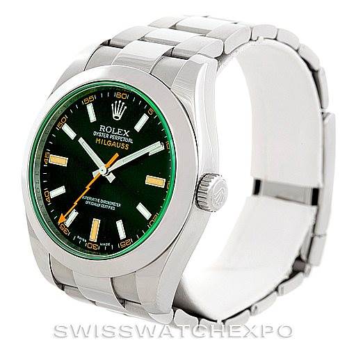 The image shows a Rolex Milgauss 116400V Men's Stainless Steel Black Dial 116400V Men's Stainless Steel Black Dial watch angled to display the face and part of the stainless steel bracelet.