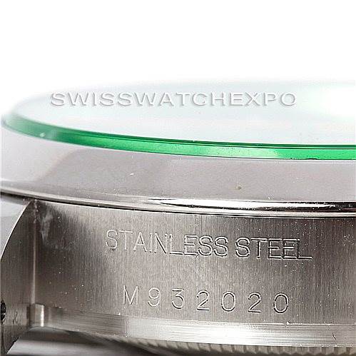 This image shows a close-up side view of the stainless steel case of a Rolex Milgauss 116400V Men's Stainless Steel Black Dial 116400V Men's Stainless Steel Black Dial watch, highlighting the engraved model number.