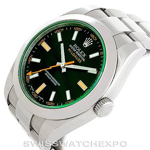 The image shows a Rolex Milgauss 116400V Men's Stainless Steel Black Dial 116400V Men's Stainless Steel Black Dial watch at an angled top view, highlighting the green dial, markers, and stainless steel bracelet.
