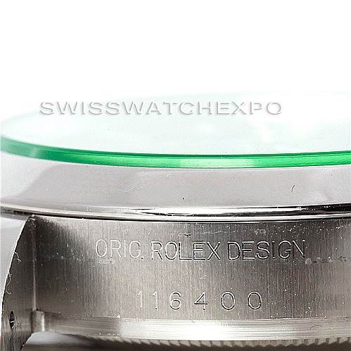 This image shows a close-up of the side view of the Rolex Milgauss 116400V Men's Stainless Steel Black Dial 116400V Men's Stainless Steel Black Dial watch, highlighting the engraving and part of the sapphire crystal.