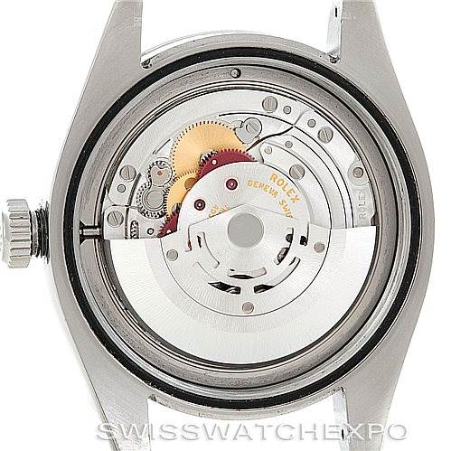 This image shows the inner mechanism and movement of a Rolex Milgauss 116400V Men's Stainless Steel Black Dial 116400V Men's Stainless Steel Black Dial watch, taken from the back with the caseback removed.