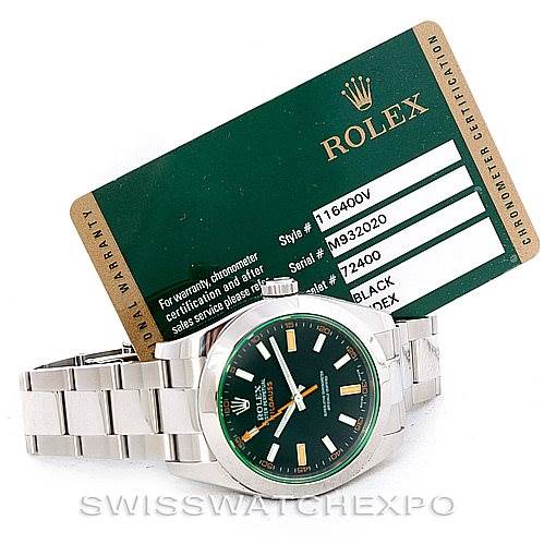 The image shows a front view of a Rolex Milgauss 116400V Men's Stainless Steel Black Dial 116400V Men's Stainless Steel Black Dial watch with its certification card visible in the background.